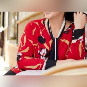 Liz Claiborne Career Red Floral Long Sleeve Blouse Women's Petite Size Small